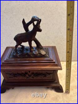 Antique Black Forest Jewelry Box with Mountain Sheep Signed Beautiful Rare Find