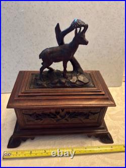 Antique Black Forest Jewelry Box with Mountain Sheep Signed Beautiful Rare Find