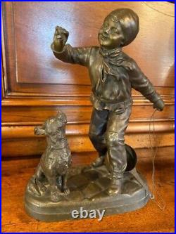 Antique Boy Bronze Statue Sculpture Playing Dog Figure Georges Maxim Rare 20th