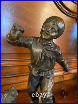 Antique Boy Bronze Statue Sculpture Playing Dog Figure Georges Maxim Rare 20th