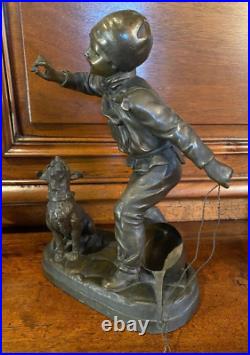 Antique Boy Bronze Statue Sculpture Playing Dog Figure Georges Maxim Rare 20th