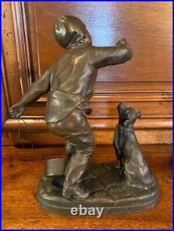 Antique Boy Bronze Statue Sculpture Playing Dog Figure Georges Maxim Rare 20th