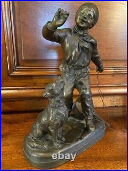 Antique Boy Bronze Statue Sculpture Playing Dog Figure Georges Maxim Rare 20th