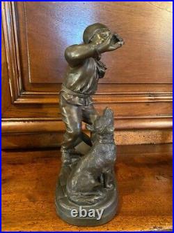 Antique Boy Bronze Statue Sculpture Playing Dog Figure Georges Maxim Rare 20th