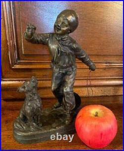 Antique Boy Bronze Statue Sculpture Playing Dog Figure Georges Maxim Rare 20th