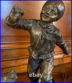 Antique Boy Bronze Statue Sculpture Playing Dog Figure Georges Maxim Rare 20th