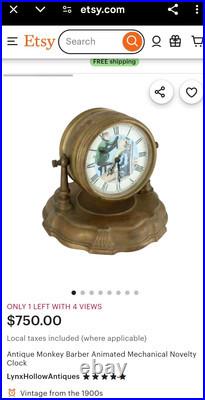 Antique Brass Monkey Barber Animated Novelty Mantel Desk Clock Rare Working Antique Brass Monkey Barber Animated Novelty Mantel Desk Clock Rare Working
