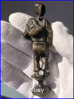 Antique Bronze Figural Wax Seal Handle Rustic Traveler Rare Early Example