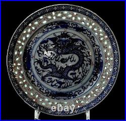 Antique Chinese Porcelain Dragon Plate Rare Butterfly Mark Rice Grain Early 20th