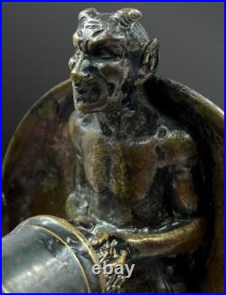 Antique Devil Bronze Candlestick Holder Hand Statue Sculpture Figurine Rare 19th
