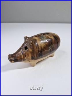 Antique Drip Glazed Stoneware Pig Piggy Bank Hole Eyed Early 19th Century RARE