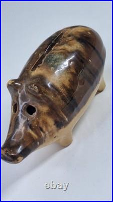 Antique Drip Glazed Stoneware Pig Piggy Bank Hole Eyed Early 19th Century RARE