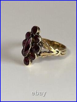 Antique Early 1800s French 18k Gold RARE Perpignan Garnet Marquise Ring Hallmark