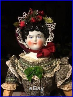 Antique Early China Doll C. 1880-1890s Rare Sawdust Hour Glass Body, LeatherArms