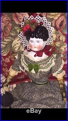Antique Early China Doll C. 1880-1890s Rare Sawdust Hour Glass Body, LeatherArms