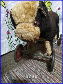 Antique Early Rare Stuffed BULL DOG PUG Ride Pull Toy Mohair