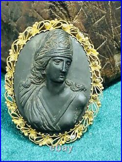 Antique Early Victorian Carved Lava Cameo & Rolled Gold Filigree Frame Rare 1850