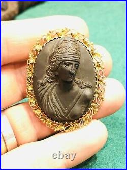 Antique Early Victorian Carved Lava Cameo & Rolled Gold Filigree Frame Rare 1850