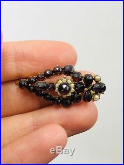 Antique Early Victorian Gold Cased Red Garnet Mourning Brooch Pearls Rare