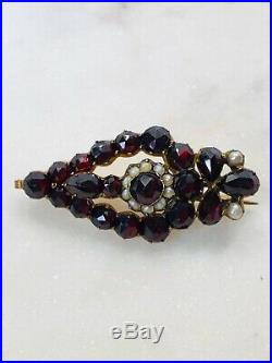 Antique Early Victorian Gold Cased Red Garnet Mourning Brooch Pearls Rare
