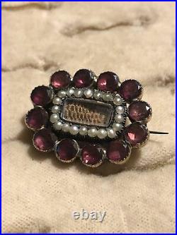 Antique Early Victorian Mourning Brooch Flat Cut Garnets & Seed Pearls Rare