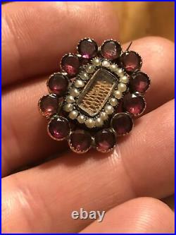 Antique Early Victorian Mourning Brooch Flat Cut Garnets & Seed Pearls Rare