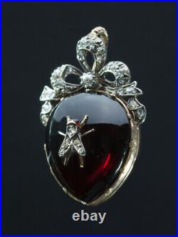 Antique Early Victorian Rare Natural Garnet And Diamond Heart Fly Pendant