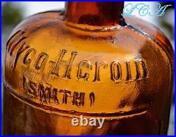 Antique HEROIN embossed QUACK MEDICINE bottle. Large, early hand blown, RARE