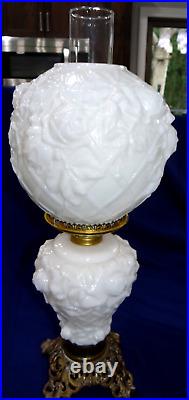 Antique Kerosene Oil Lamp Embossed Rose Lattice White Milk Glass Ball GWTW RARE