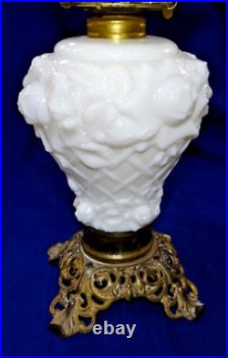 Antique Kerosene Oil Lamp Embossed Rose Lattice White Milk Glass Ball GWTW RARE