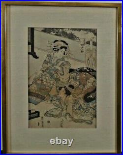 Antique ORIGINAL Keisai Eisen Ikeda Japanese Woodblock Print Framed RARE 19th Ct