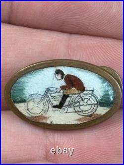 Antique Original RARE Celluloid Early Motorcycle Racer Graphic Lapel Cap Pin Oil