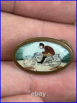 Antique Original RARE Celluloid Early Motorcycle Racer Graphic Lapel Cap Pin Oil