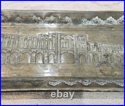 Antique Persian Hand Engraved Brass Art Tray of Khaju Bridge (Rare)