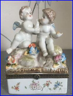 Antique Porcelain Statue Box Sculpture Meissen Style Figurine Angels Rare Old 20