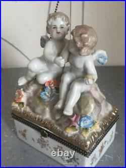 Antique Porcelain Statue Box Sculpture Meissen Style Figurine Angels Rare Old 20