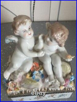 Antique Porcelain Statue Box Sculpture Meissen Style Figurine Angels Rare Old 20