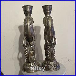 Antique RARE 17 2 LION Silverplate Heavy Candle Stick Holders Early Mid Century