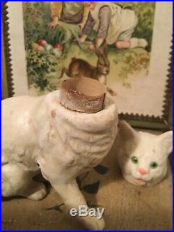Antique RARE WHITE GERMAN CAT CANDY CONTAINER Glass Eyes Early 1900s