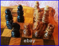 Antique Rare Chess Set Wooden Malachite Bronze figures and other game in box