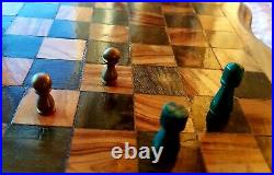Antique Rare Chess Set Wooden Malachite Bronze figures and other game in box