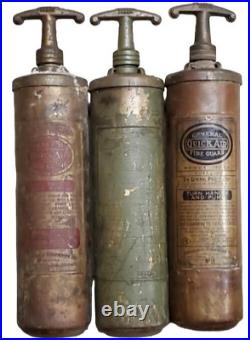 Antique Rare Early 1900's Brass Fire Extinguishers Fire Guard (Lot Of 3) EMPTY