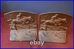 Antique Rare Early 1900's Hubley Bronzed Cast Iron Bookends Hunting Horse, Jump