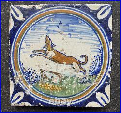 Antique Rare Early Dutch Delft Maiolica Tile Dog Circa 1600 Polychrome Antique Rare Early Dutch Delft Maiolica Tile Dog Circa 1600 Polychrome