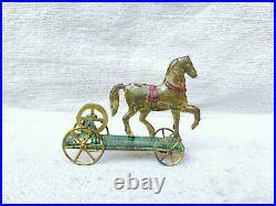 Antique Rare Early H. A Depose Litho Horse On Platform Wheel Penny Tin Toy France