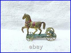 Antique Rare Early H. A Depose Litho Horse On Platform Wheel Penny Tin Toy France