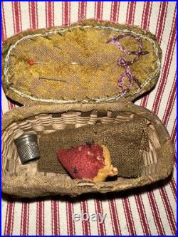 Antique Rare Early School Girl Sewing Pouch