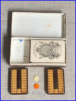 Antique Rare c1850s Reynolds Early Playing Cards Game Set Scoreboards & Pegs Box