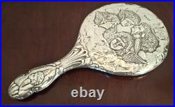 Antique Sterling Silver Hand Mirror Frame Early 20thC Cherub Angel Design Rare