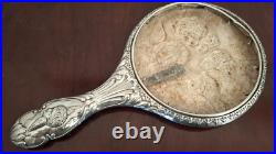 Antique Sterling Silver Hand Mirror Frame Early 20thC Cherub Angel Design Rare